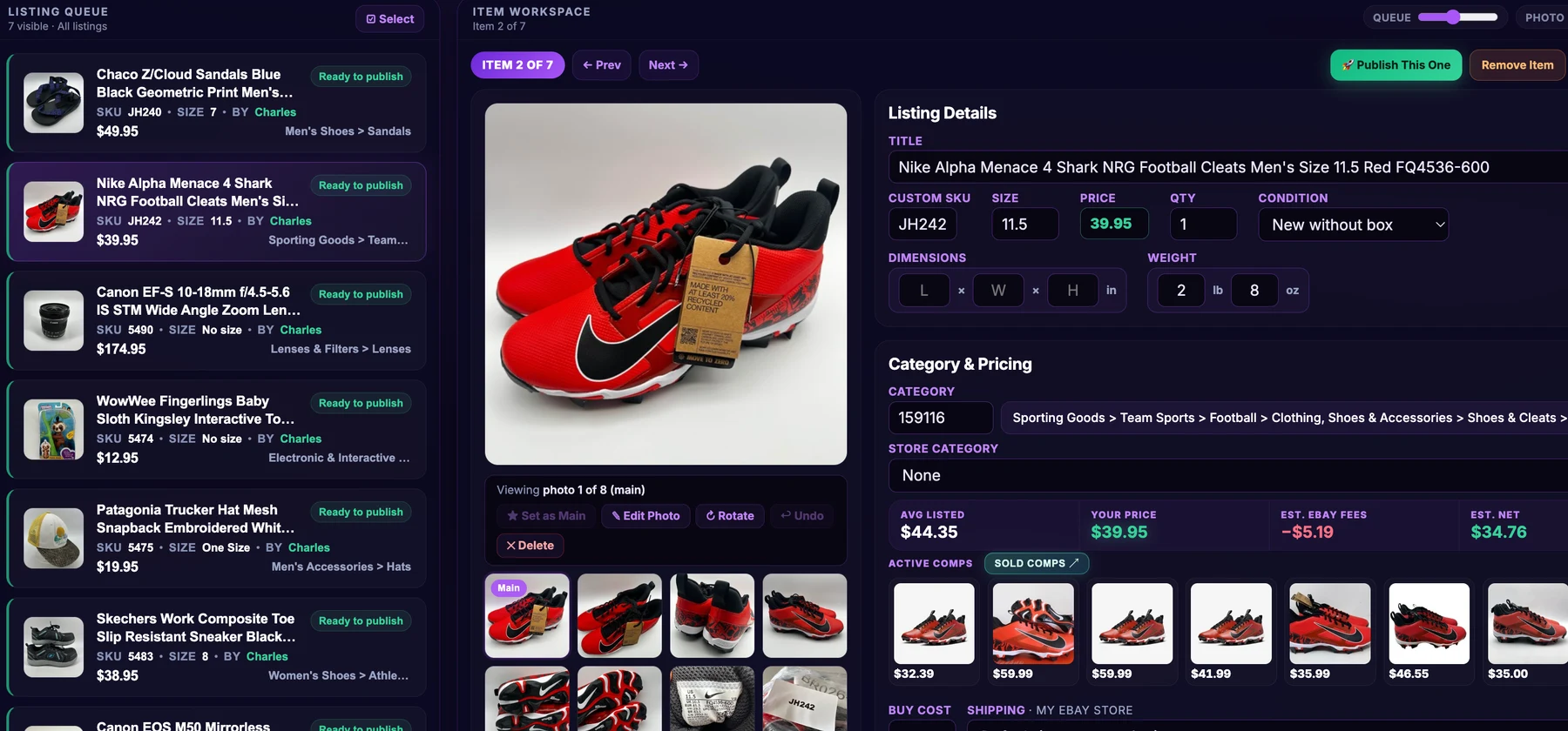 Sidekick Lister workspace: a Nike football cleats listing with title, specifics, pricing, live comps, and a Publish button, all filled in