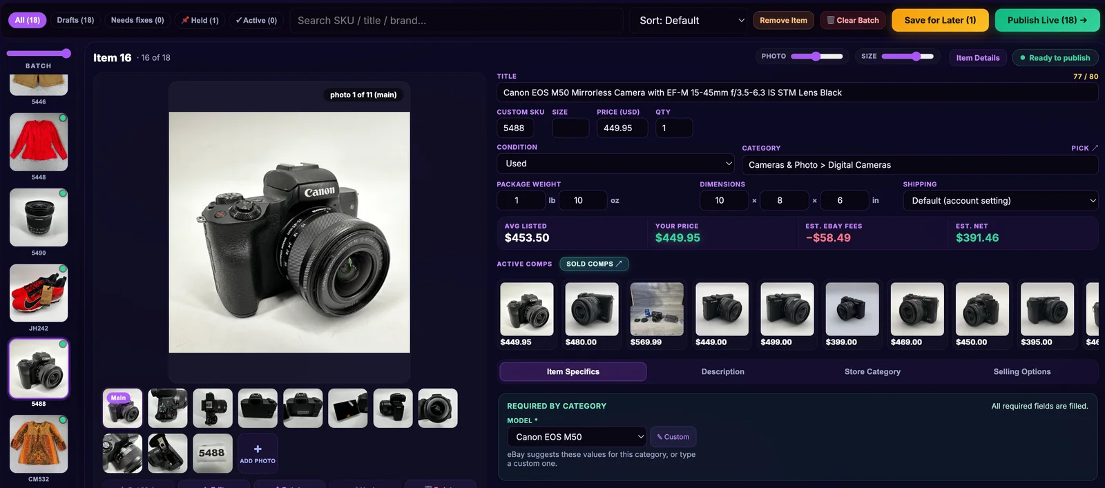 Sidekick Lister workspace: a camera listing with title, specifics, pricing, and live eBay comps filled in